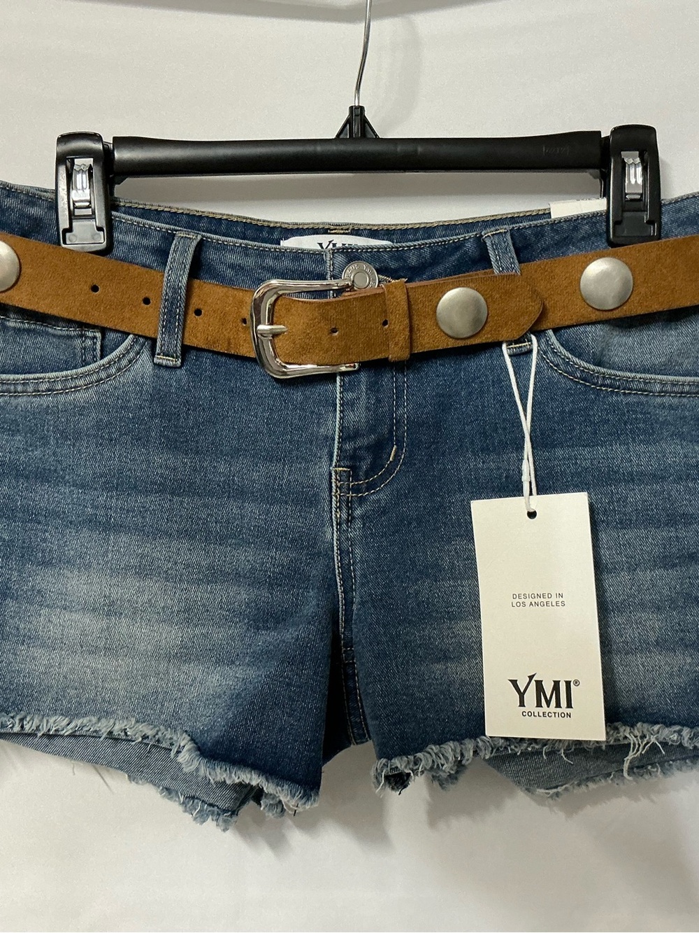 YMI Women's Denim Cutoff Shorts in Blue with Tan Belt